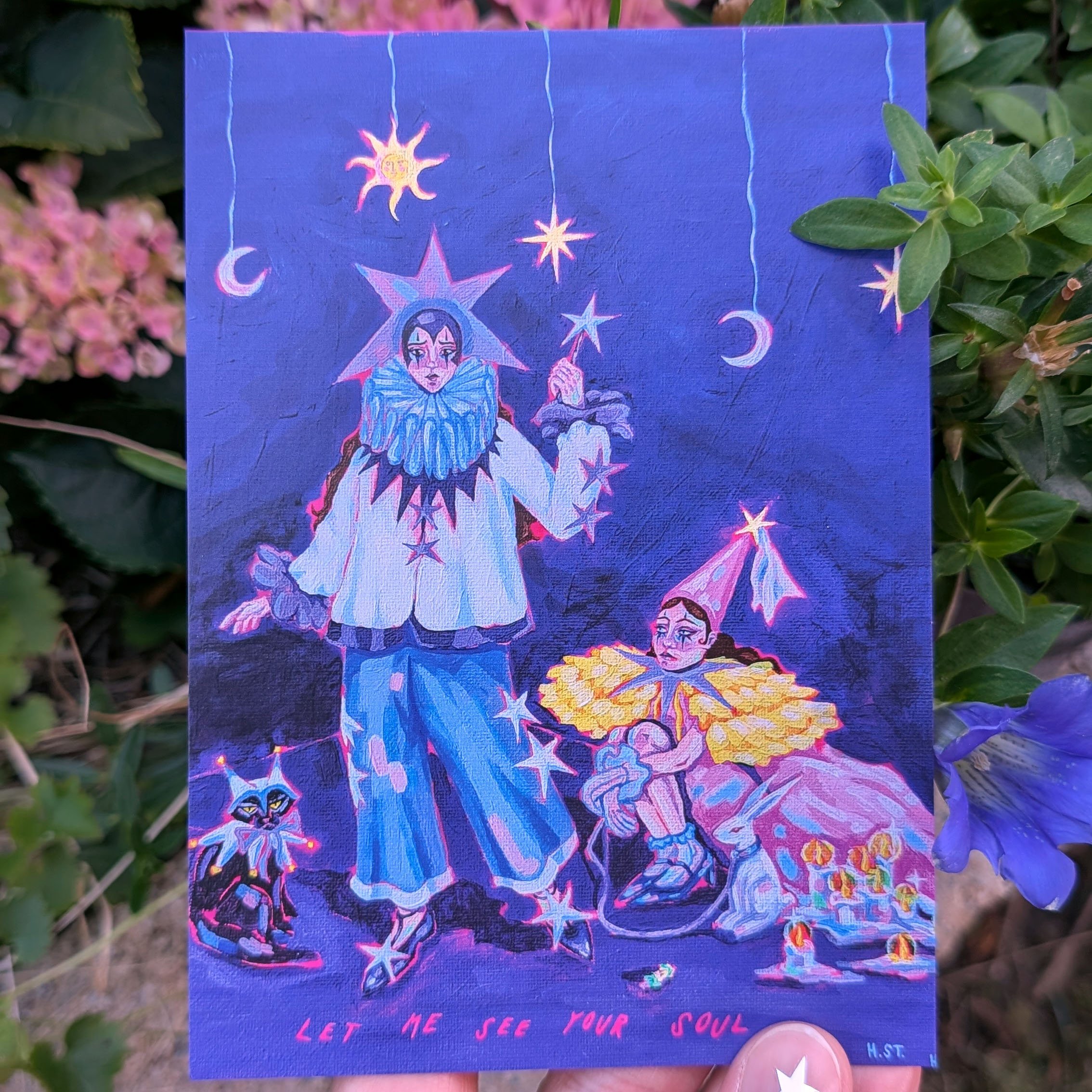 Postkarte der Acrylmalerei "Clown Girls" von der Künstlerin Hannah Stollenwerk