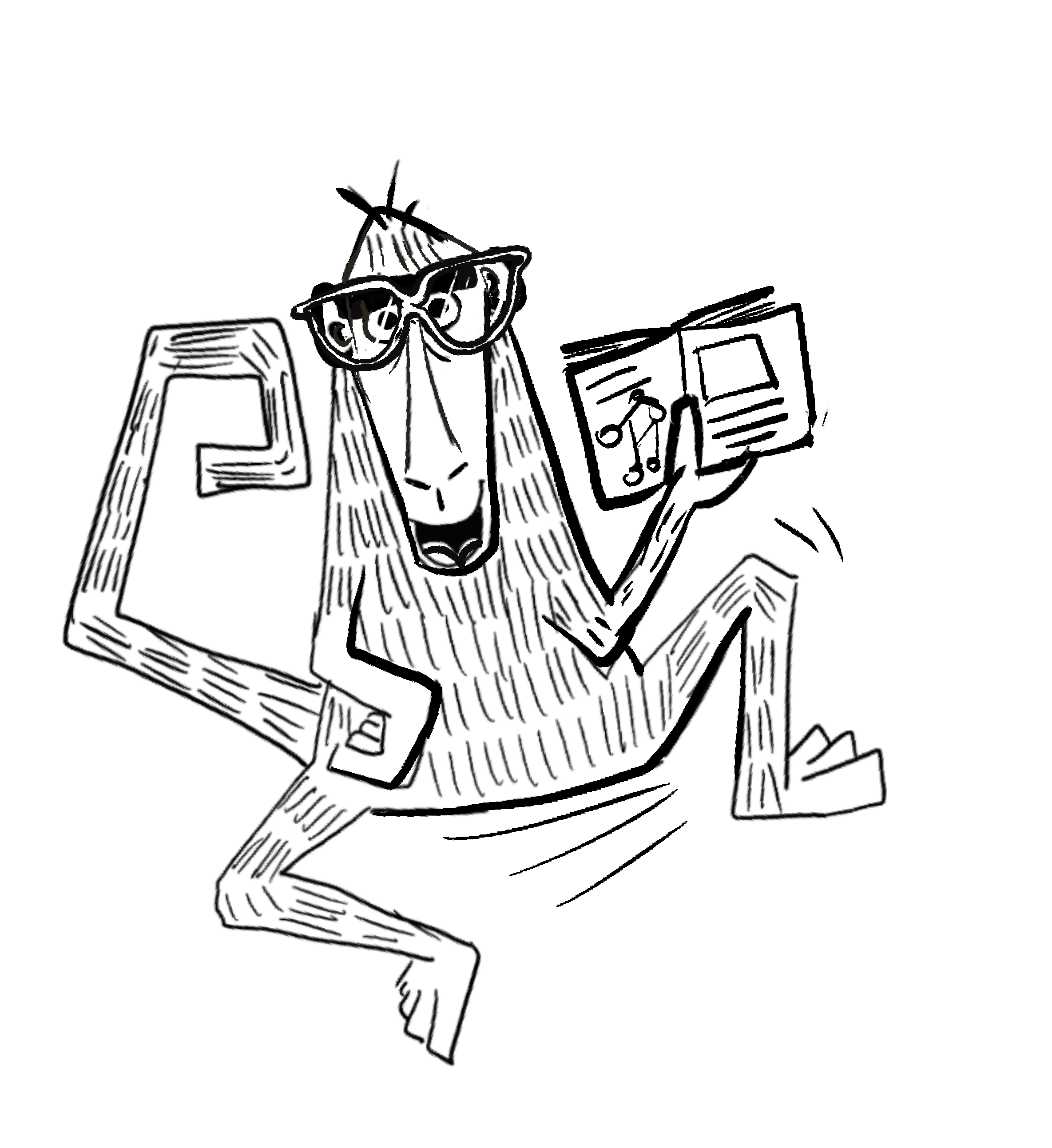 Dibujo en blanco y negro de un escritorio con gafas, un libro abierto, un cerrajero y un lápiz.