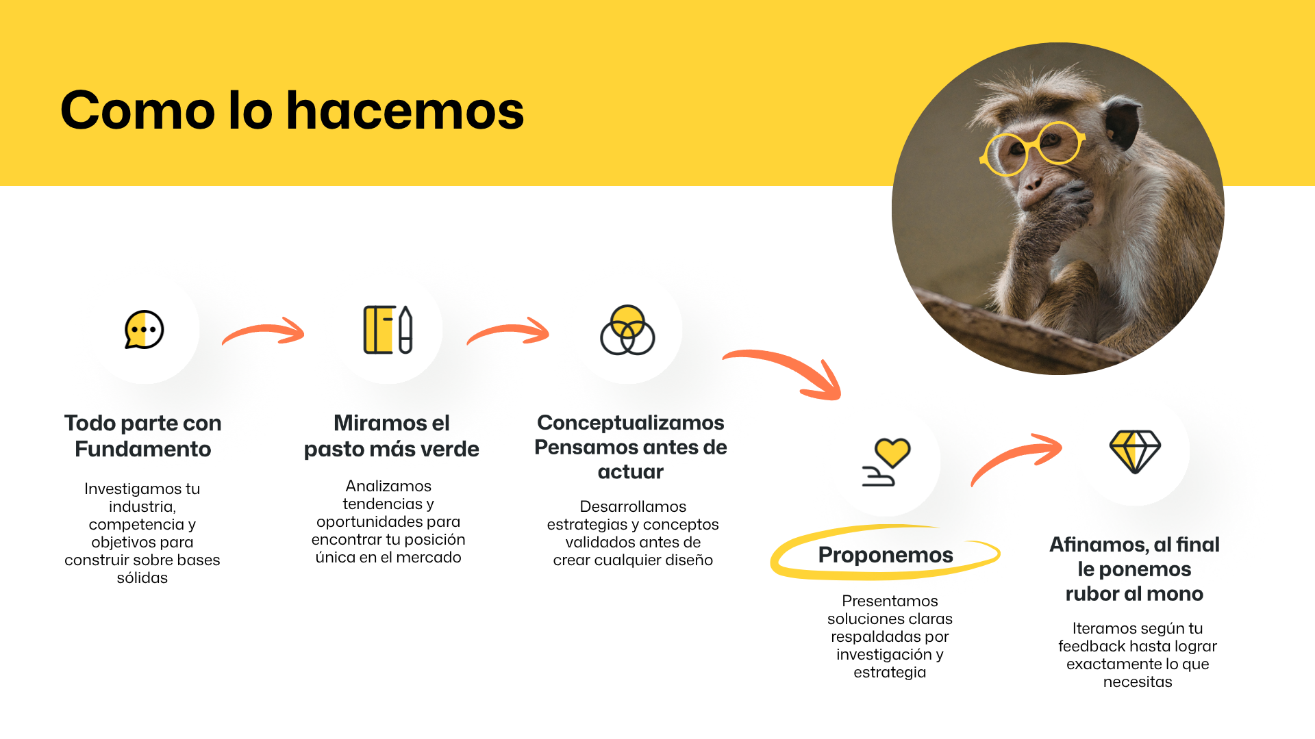 Una infografía titulada 'Como lo hacemos' que explica un proceso con pasos, incluyendo una imagen de un mono con gafas redondas. El proceso involucra investigar, analizar tendencias, conceptualizar, proponer soluciones y finalizar con un rodar para obtener resultados. El mono está sentado mirando pensativo, con gafas amarillas. Todo el contenido está en español con íconos y texto descriptivo.