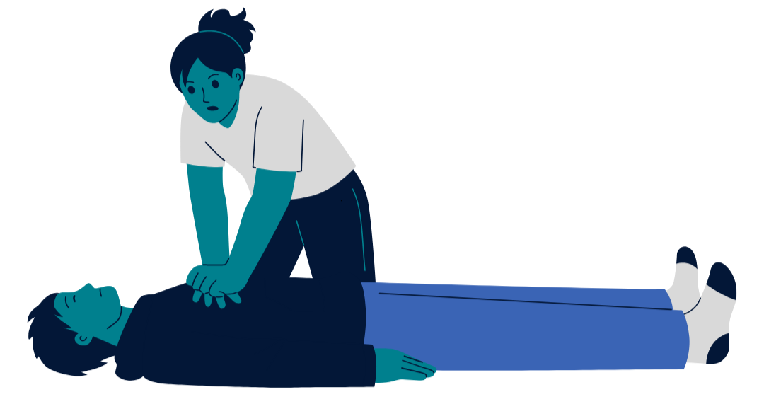 An illustration of a person performing CPR on another person lying on the ground, with a focus on emergency medical care.