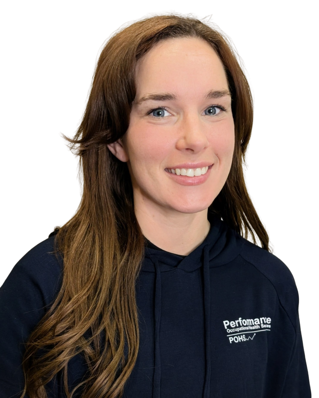 A woman with long brown hair and blue eyes, wearing a black hoodie with white text, smiling against a plain white background.