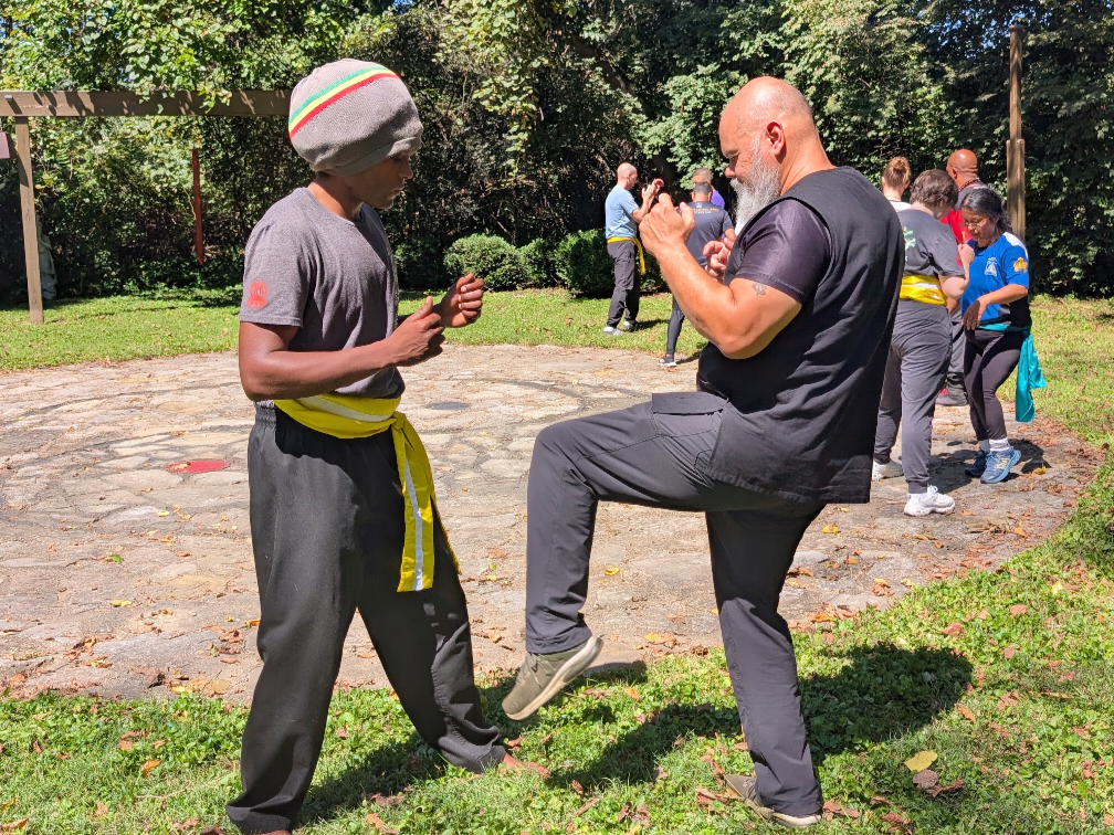 Sifu Paul training Chi Gerk (Wing Chun kick countering skills) at an outdoor workshop