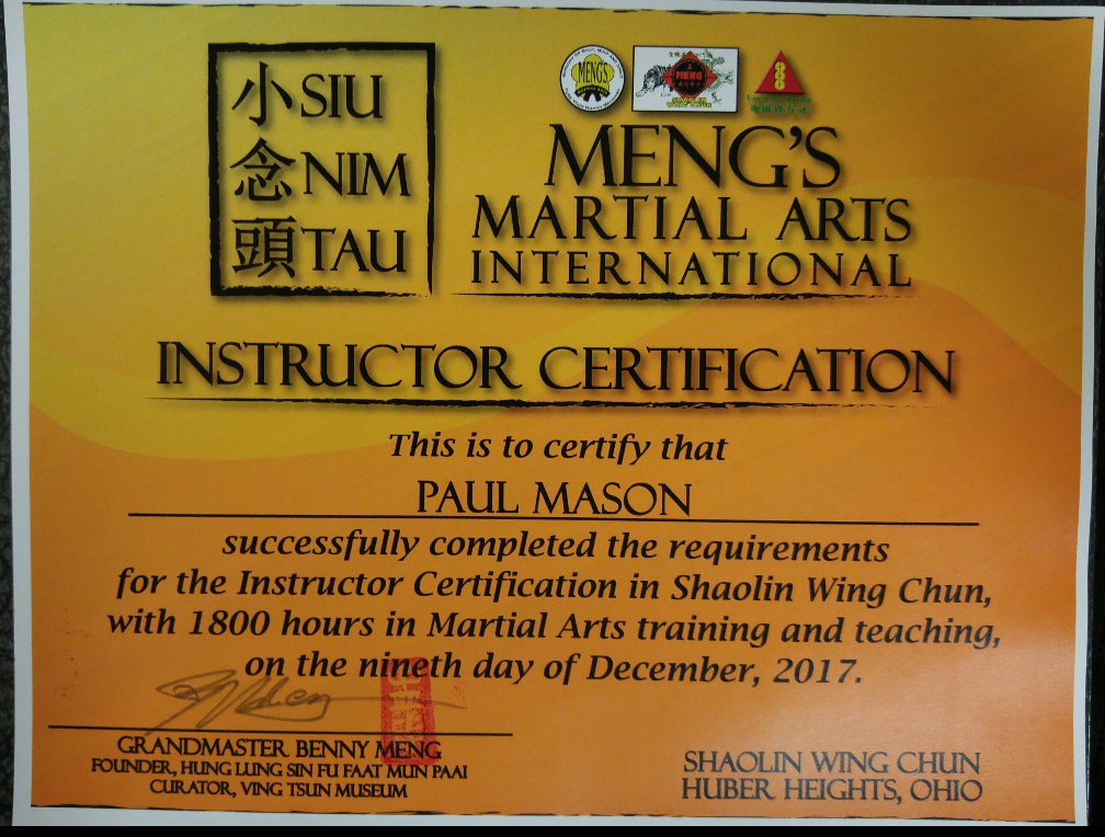 Siu Nim Tao Saholing Wing Chun certification