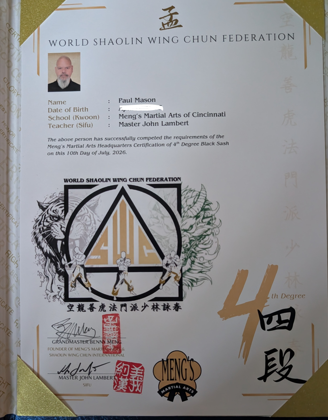 Shaolin Wing Chun 4th Degree Black Sash Certificate