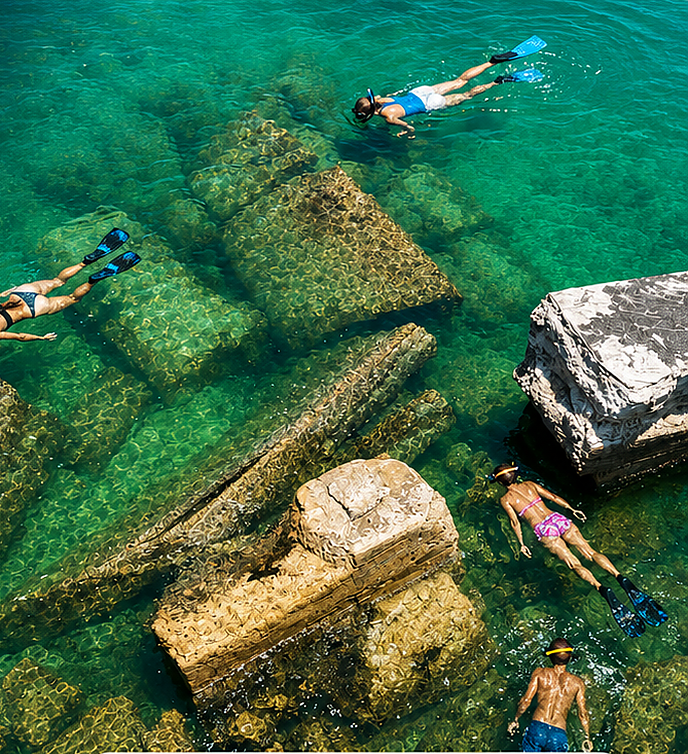 People snorkeling near the sunken ruins of a fort
