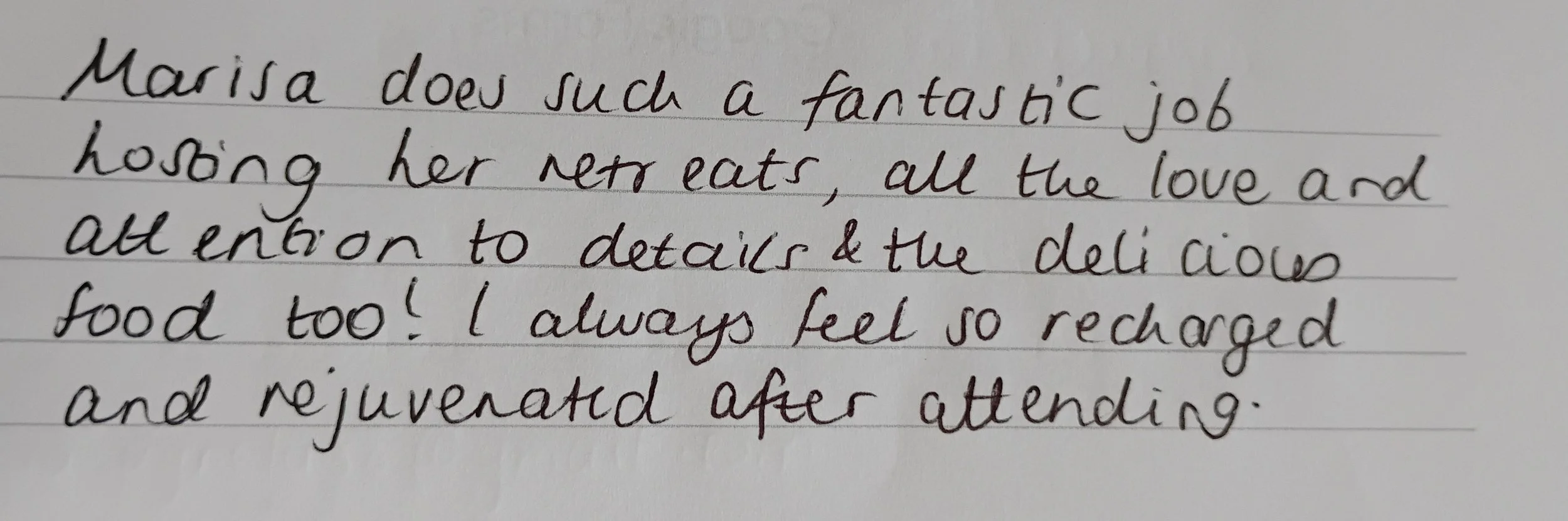 Handwritten client testimonial from a women’s day retreat in Nelson, praising Marisa’s cooking and the delicious food.