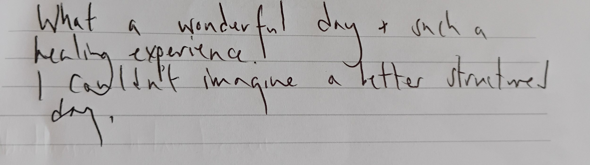 Handwritten client testimonial from a women’s day retreat in Nelson, describing a wonderful and healing experience and praising the thoughtful structure of the day.