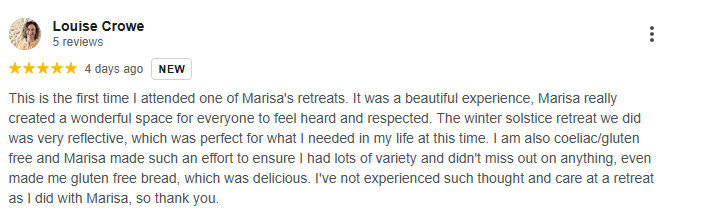 Five-star Google review from Louise Crowe about her experience at a retreat with Marisa.