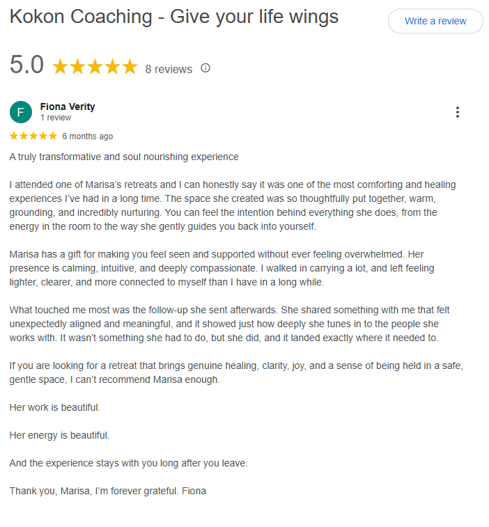 Five-star client review of Kokon Coaching praising Marisa’s calming presence, supportive guidance and transformative impact on emotional wellbeing.