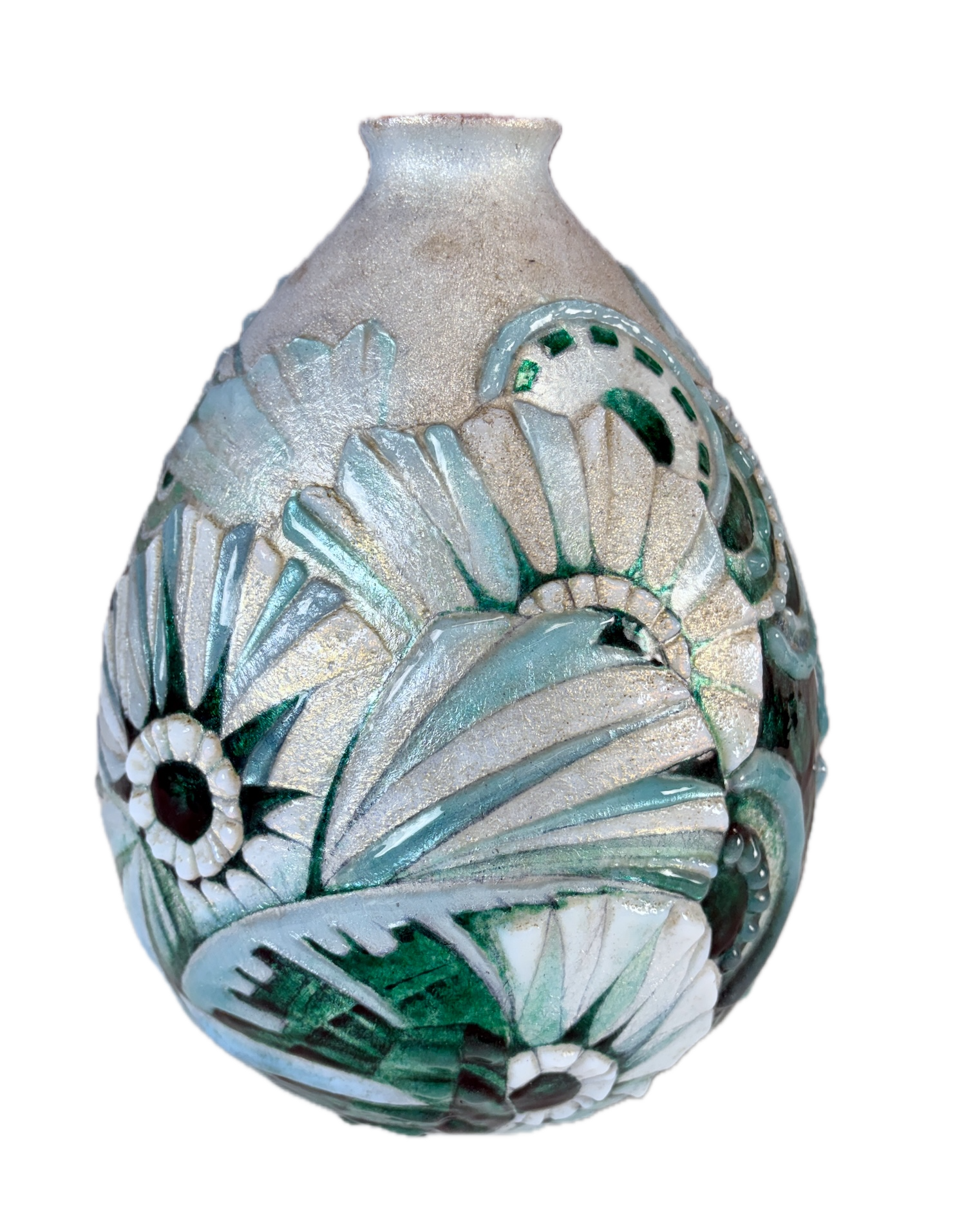 A Camille Faure dimensional art deco geometri floral enamel vase with opalescent and emerald green and sky blue enamel.