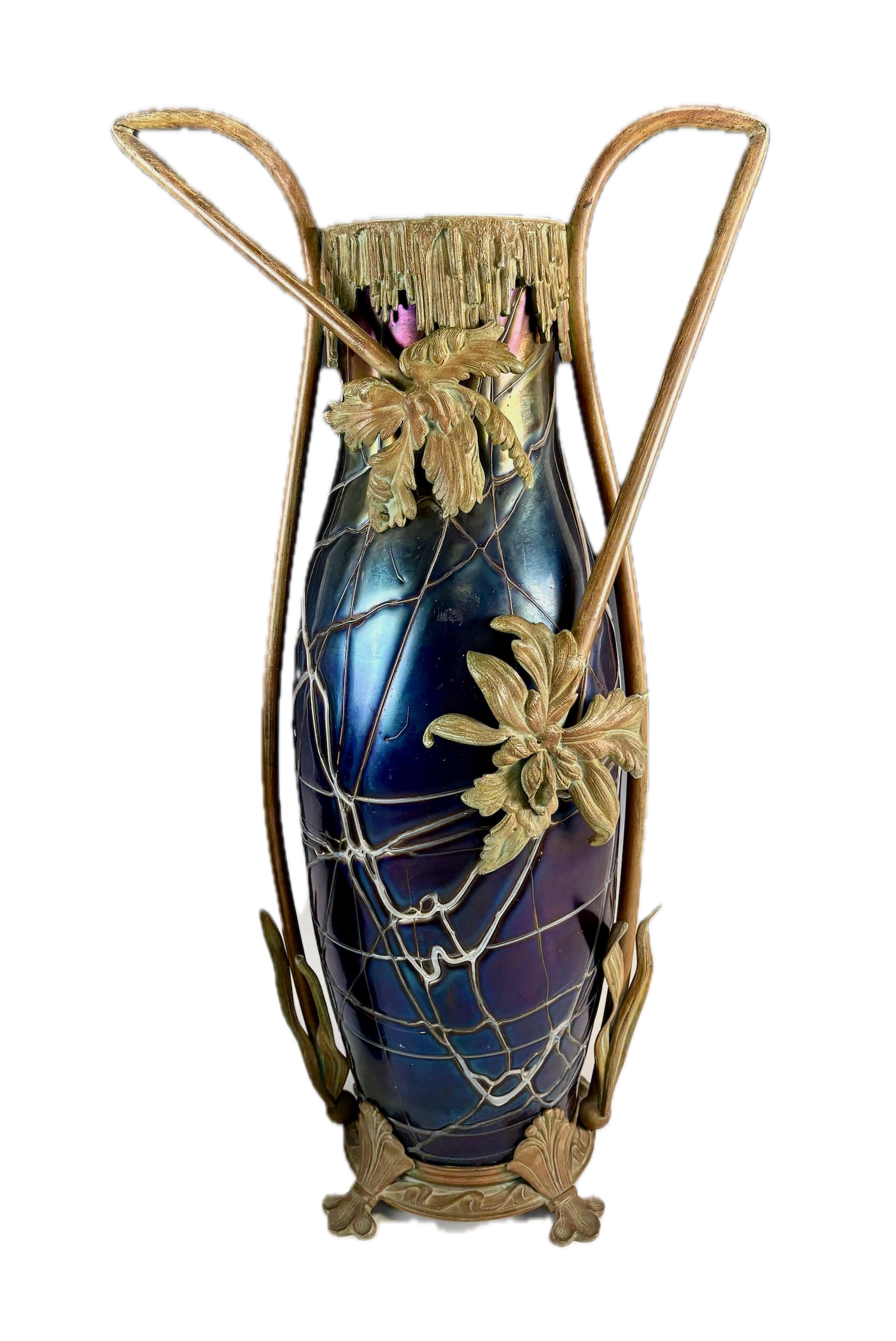 Monumental Palme Konig iridescent art glass vase in ornate two handled bronze holder with floral and foliate decoration.