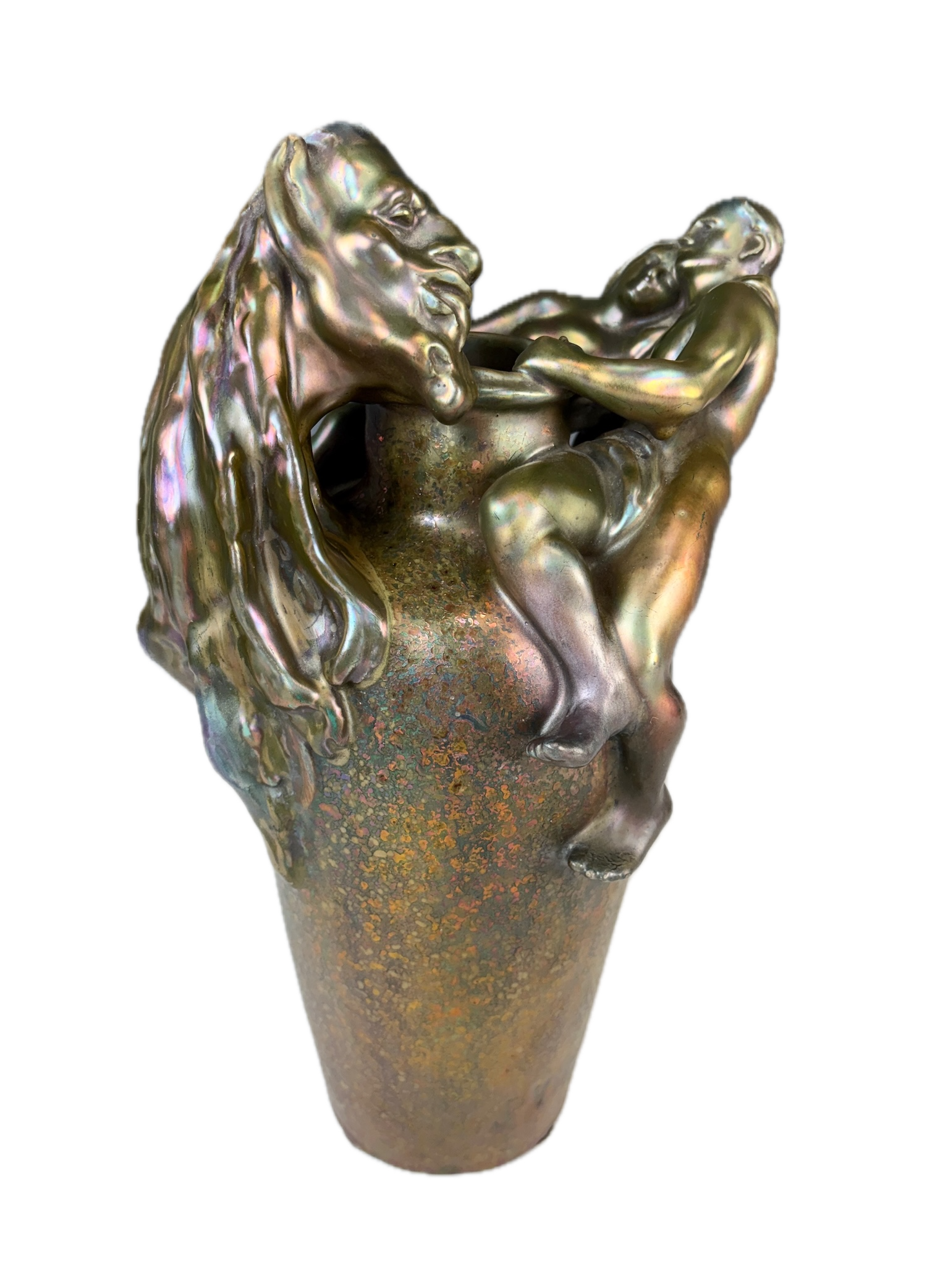 Important rare Massier & Vibert figural earthenware vase signed by both artists with iridescent lustre glaze.