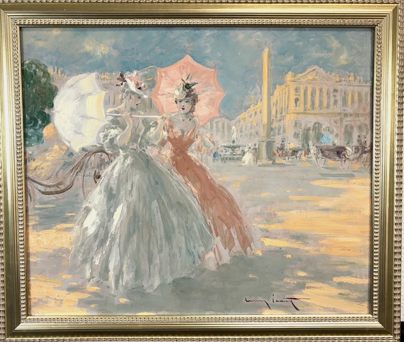 Original Louis Icart oil painting of ladies with parasols on a French city square.