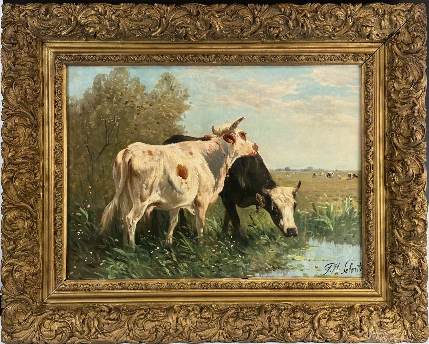 Large antique pastoral oil painting of cows in the meadow by Schouten