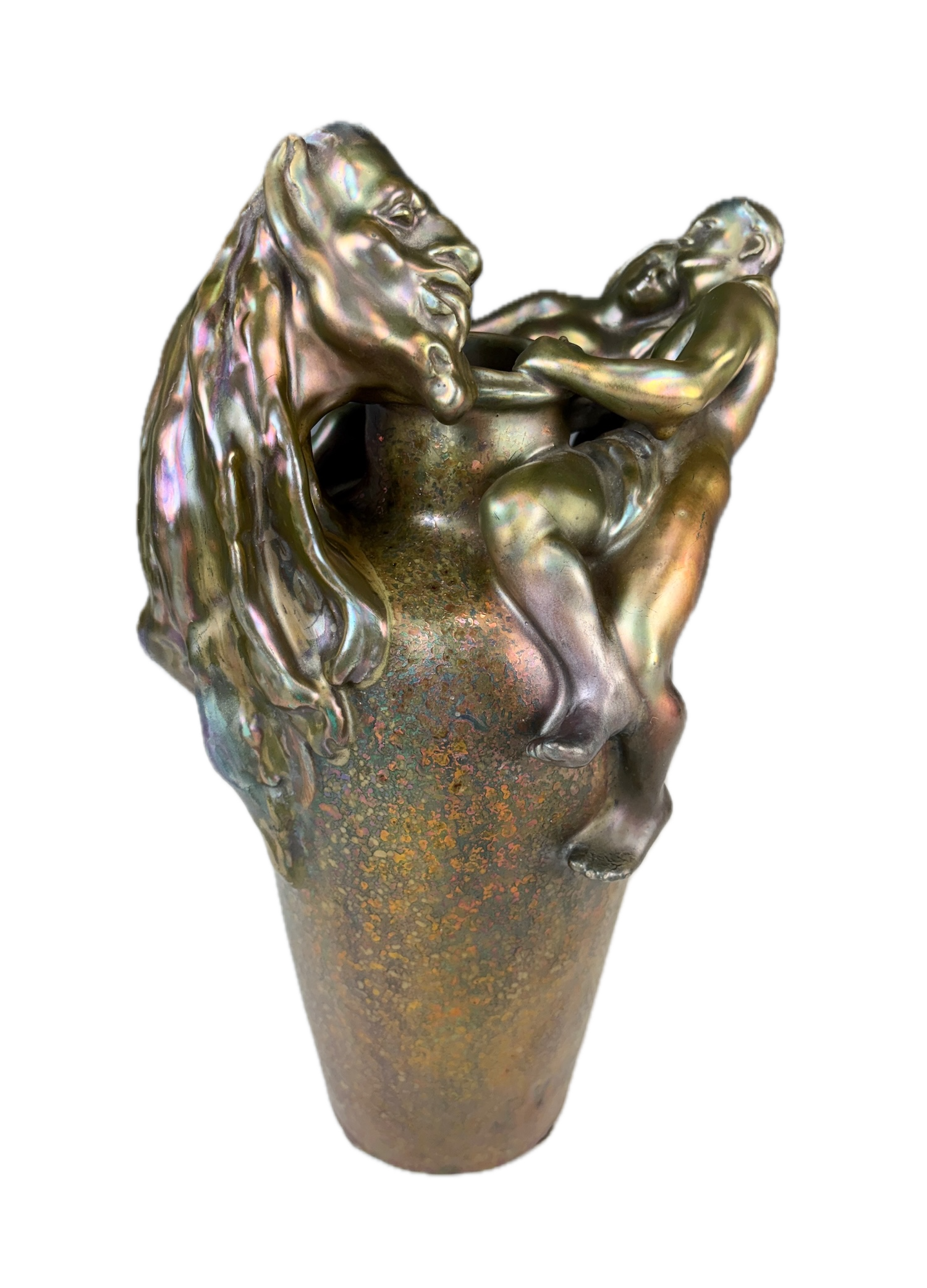 rare Massier Vibert vase with figures and iridescent lustre glaze