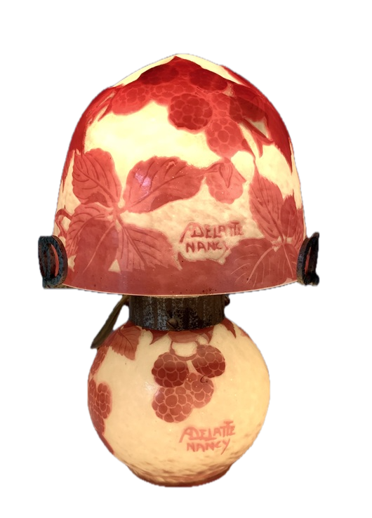 Vintage mushroom-shaped lamp with a raspberry and leaf pattern, signed by Adeleine Nancy