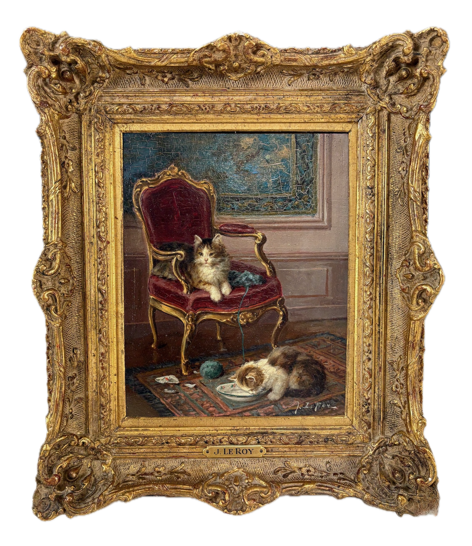 Jules LeRoy oil painting of cats playing in an ornate interior
