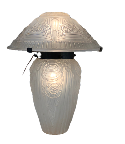 large art deco table lamp with frosted glass base and shade with deco decoration