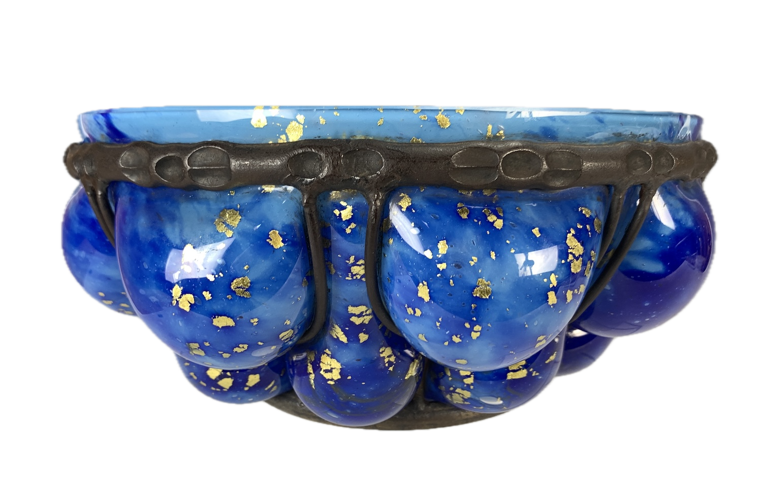 Cobalt blue blown out Daum Nancy glass bowl with foil flakes in bronze Majorelle holder