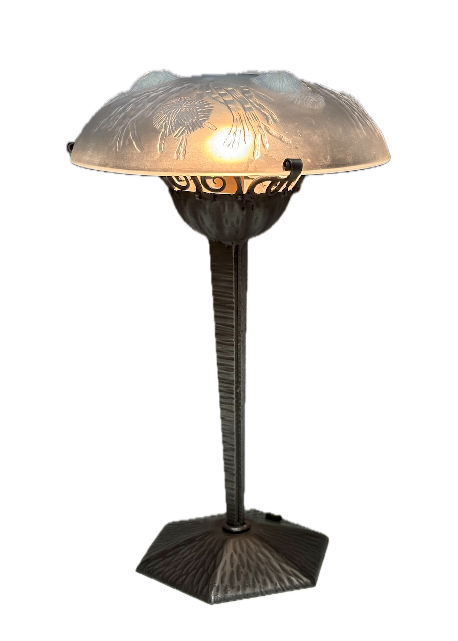 Art deco iron lamp with frosted Sabino glass shade