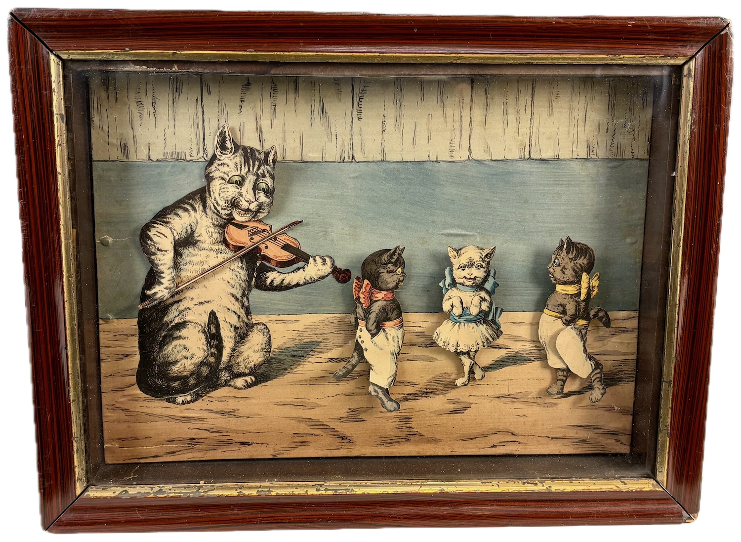 Antique Mechanical automaton with a cat playing violin with kittens dancing