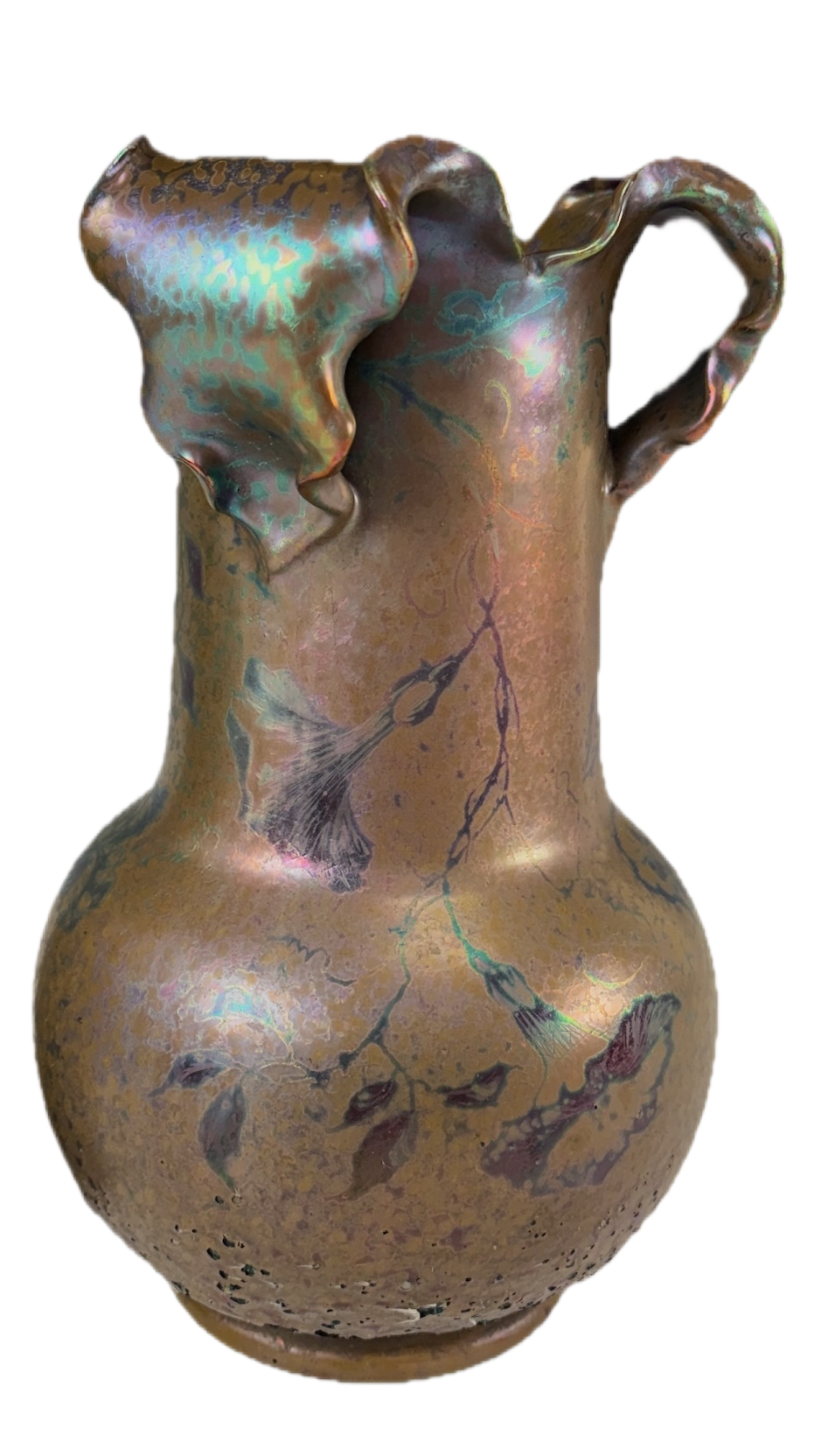 An ornate ceramic vase with a textured, earthy surface and artistic painted details including abstract shapes and flowing lines.