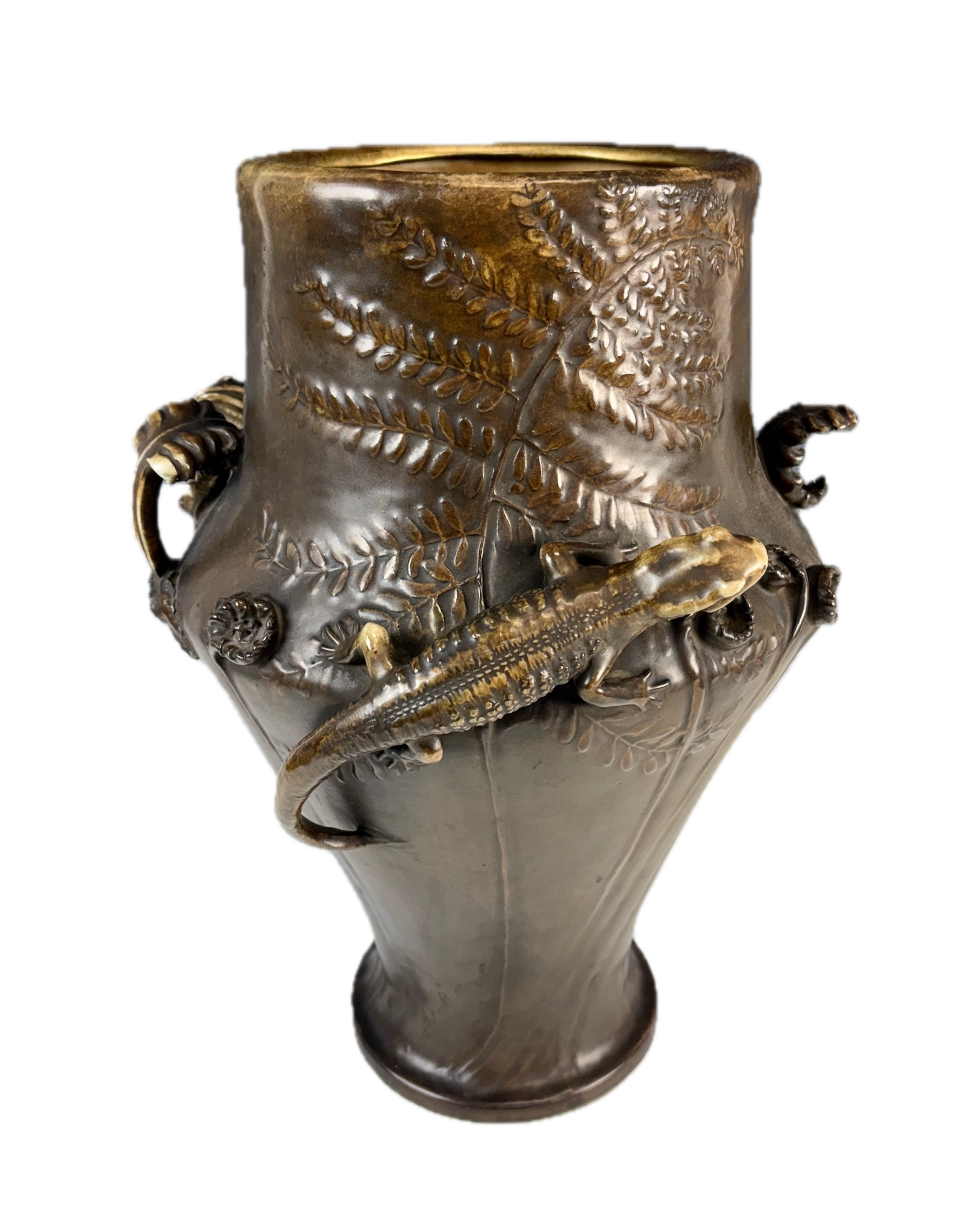 Important Stellmacher amphora vase with applied salamanders and a iridescent lustre glaze.