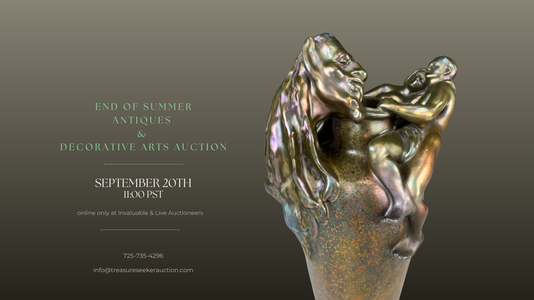 Poster for an online auction titled 'End of Summer Antiques & Decorative Arts Auction' featuring a rare Massier Vibert figural earthenware vase.  The auction is scheduled for September 20th at 11:00 PST.