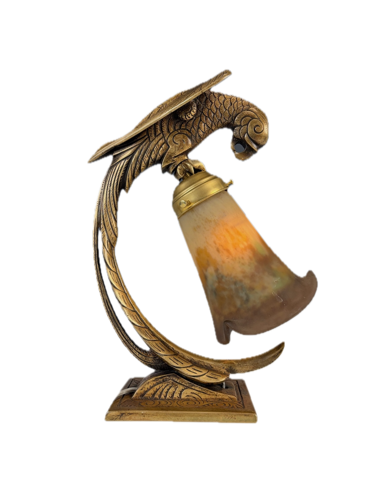 Bronze figural lamp modeled as a parrot with Muller Fres art glass shade