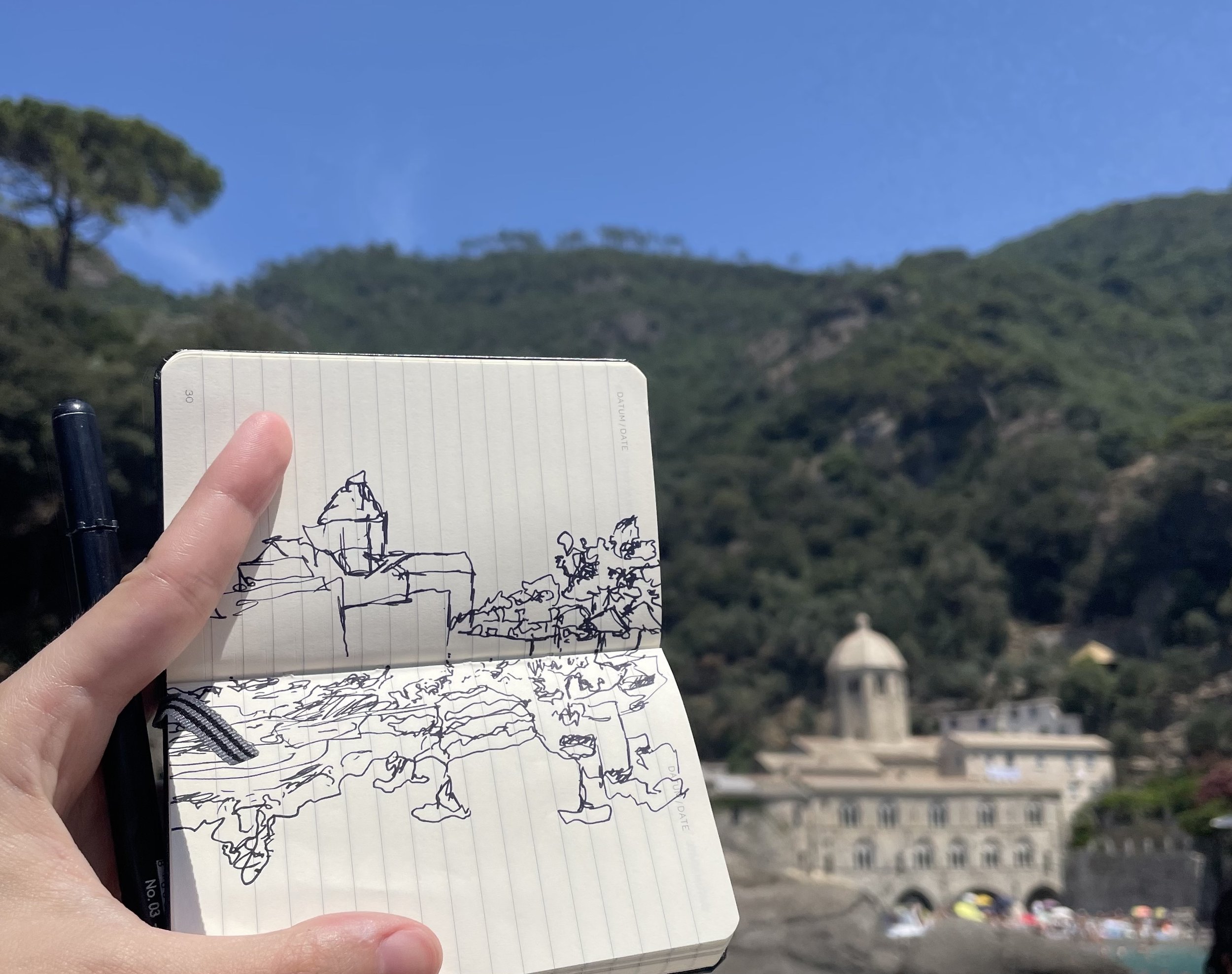 The start of an ongoing mini series of landscape drawings I do whenever I travel. (Porto Fino boat ride, Summer 2022)