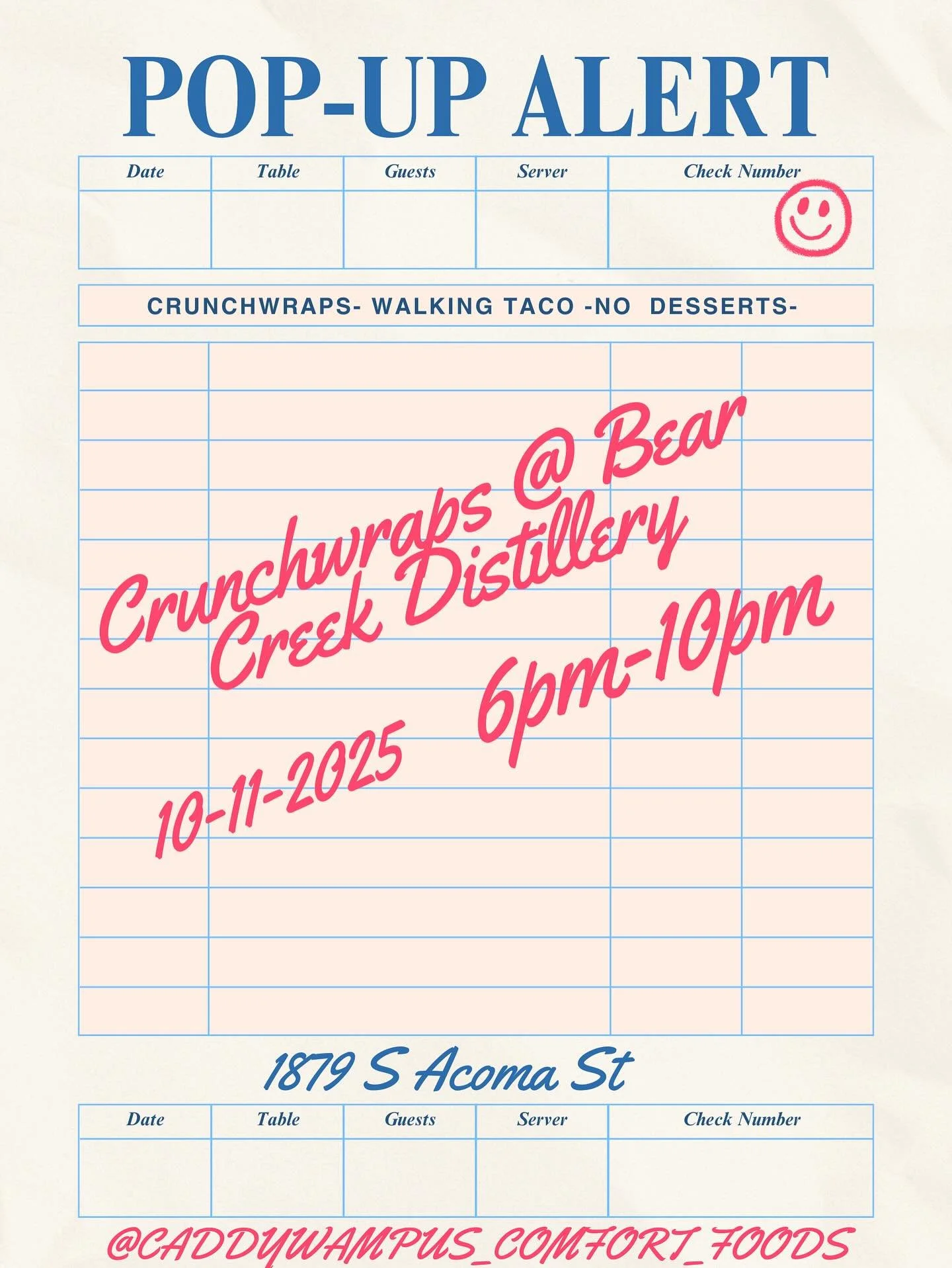Hey yall! We are finally back to doing some pop-ups! Our first one is featuring our Crunchwraps that we are sure have been missed. Here&rsquo;s your chance to chow down on some on a Saturday! 

@ bear creek distillery October 11th 6pm-10pm

There wil