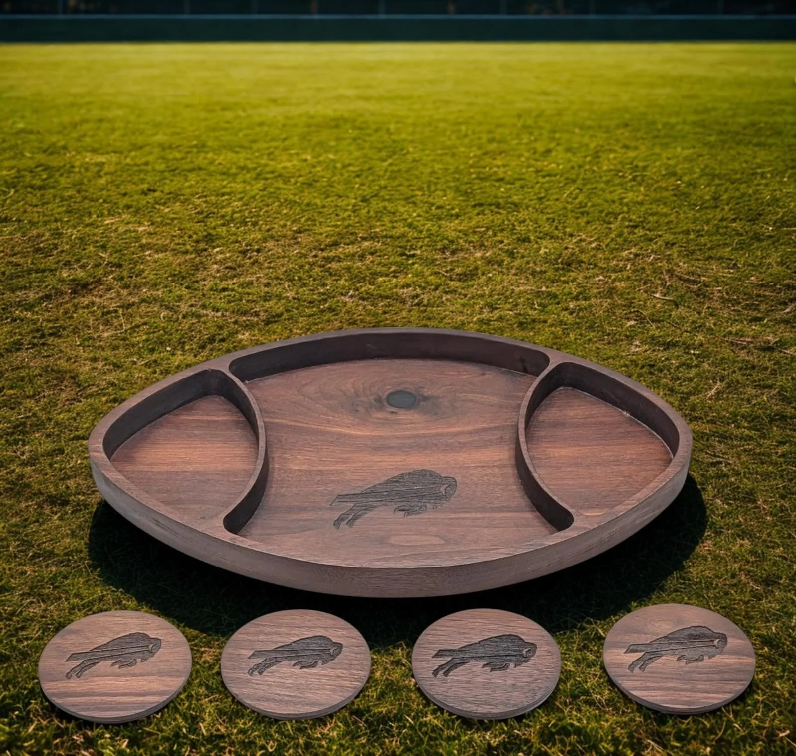 Sometimes the hardest people to make for are the ones who already have everything&hellip;

So you get creative.

Made this custom snack + coaster set for one of my closest friends &mdash; a die-hard Bills fan 🦬
Crafted from Canadian walnut, with a m