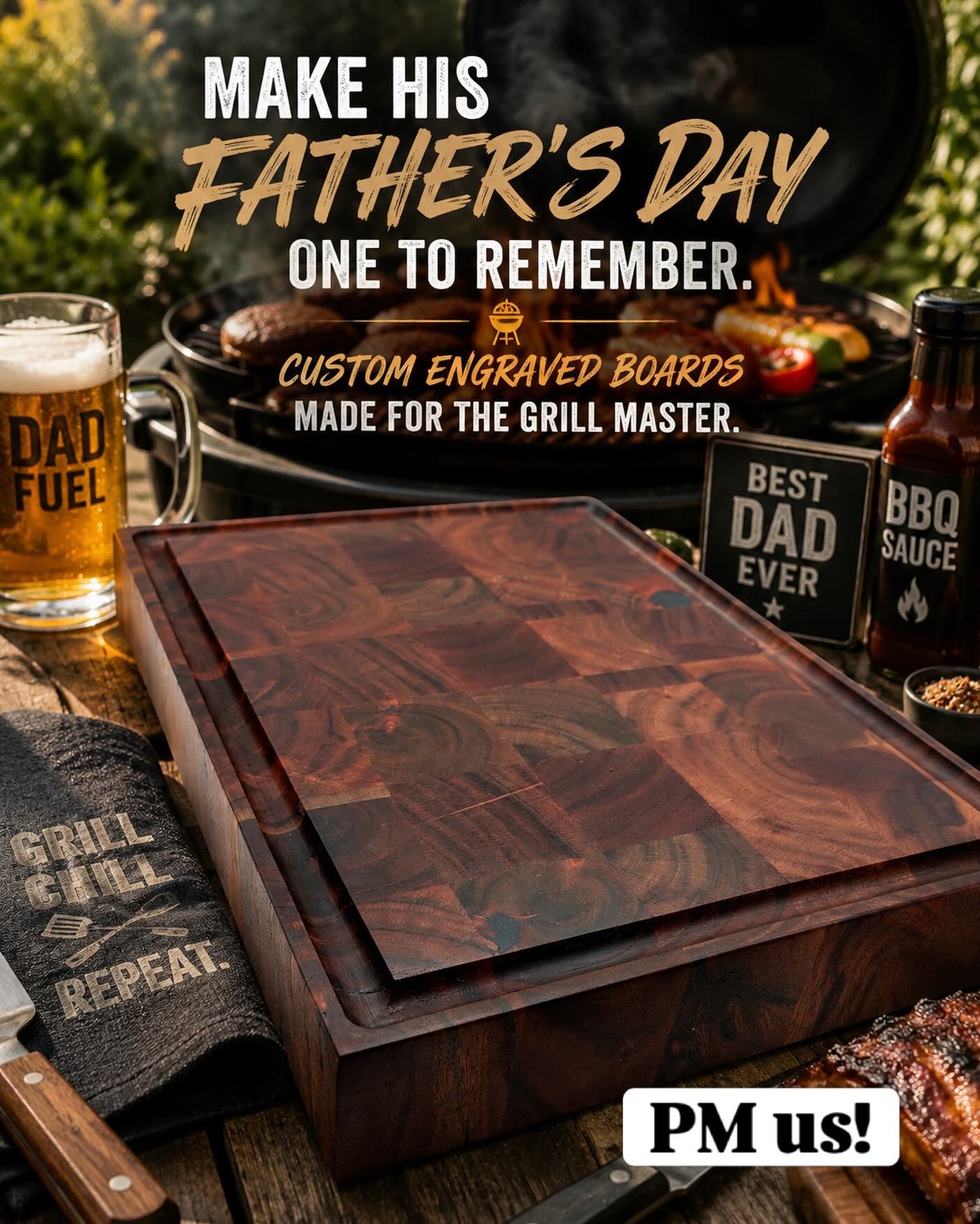 Dads are impossible to shop for.
So we made it easy.

🔥 Custom engraved boards
🔥 Perfect for BBQ season
🔥 Actually something he&rsquo;ll use

Whether he&rsquo;s the grill master, the sandwich king, or just likes a good snack setup&mdash;this is hi