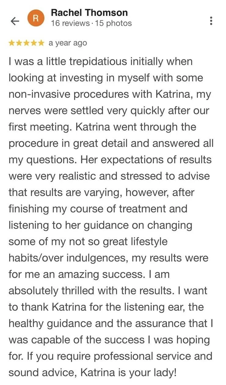 Screenshot of a Google review for a professional named Katrina, praising her for her non-invasive procedures and attentive guidance.