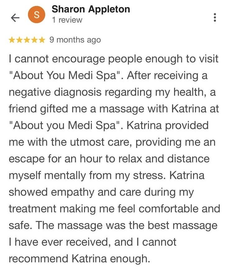Screenshot of a positive online review for 'About You Medi Spa' praising Katrina's massage service.