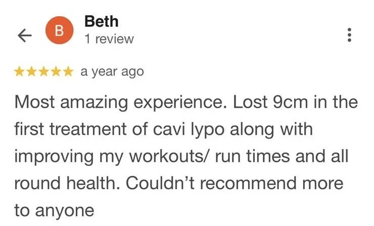 Customer review for a treatment, mentioning 9 cm of loss in diameter, improvements in workouts and overall health, with a five-star rating.