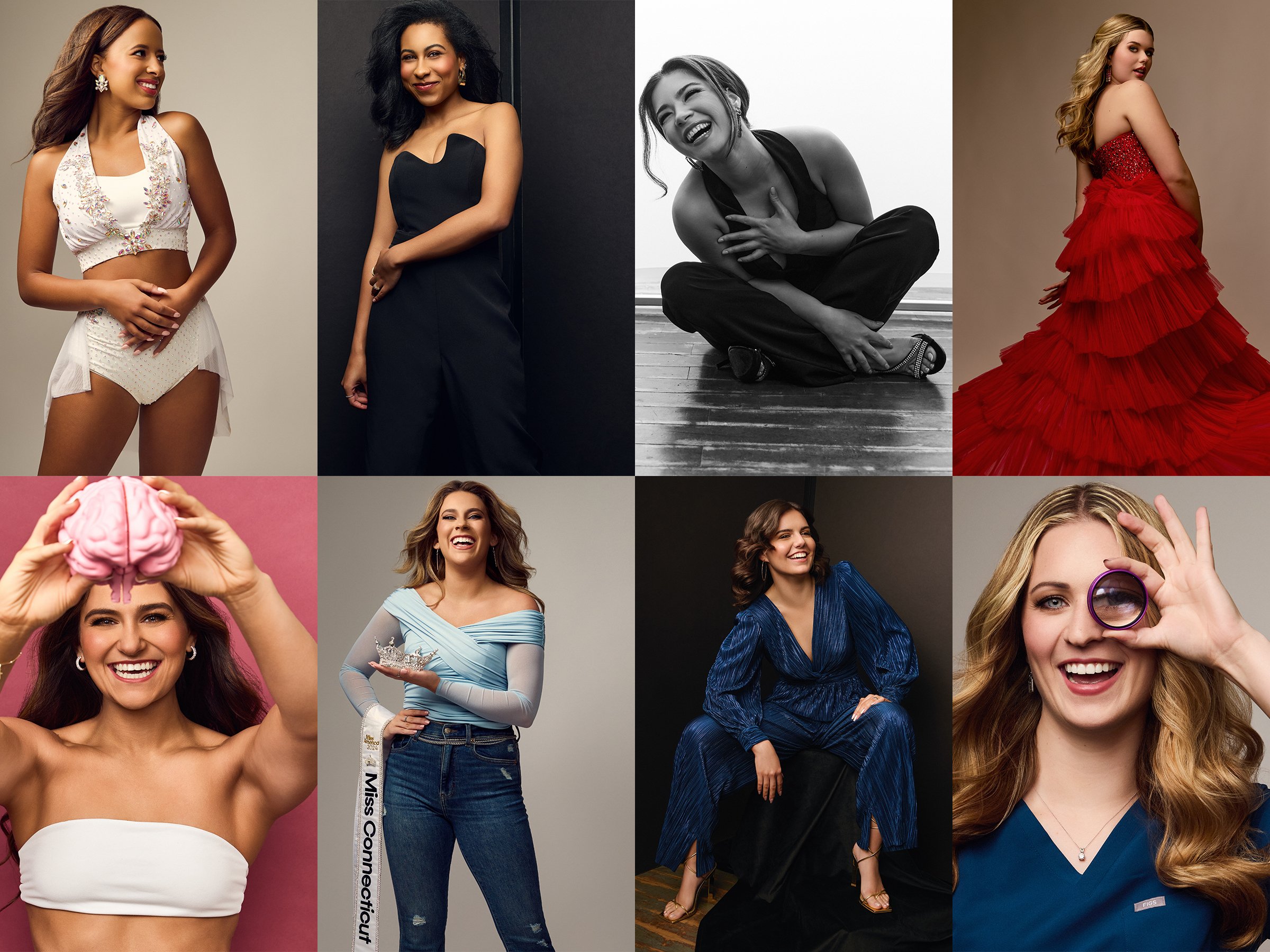 Collage of eight women in various outfits and poses, including casual, formal, and playful settings.