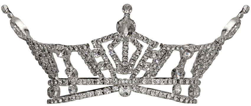 Silver and gemstone-studded Miss America State crown with intricate design.