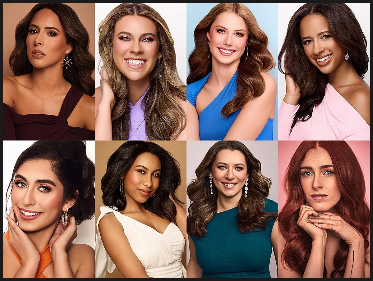 Collage of eight smiling women in different colored outfits, positioned in two rows. Each woman has styled hair and makeup, and they are all posed against colored backgrounds.
