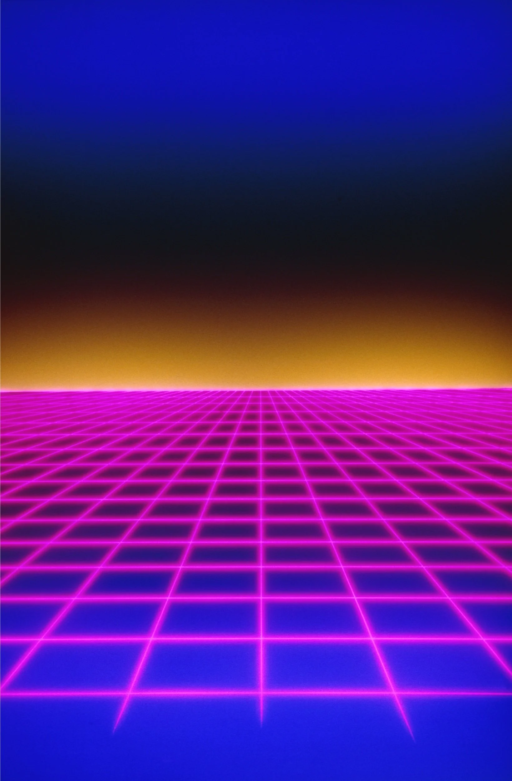 Retro futuristic grid with a gradient blue and orange sky background.