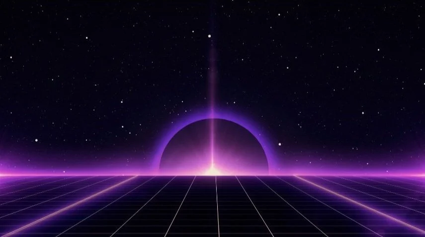 Retro futuristic landscape with grid, neon sunset, and starry sky