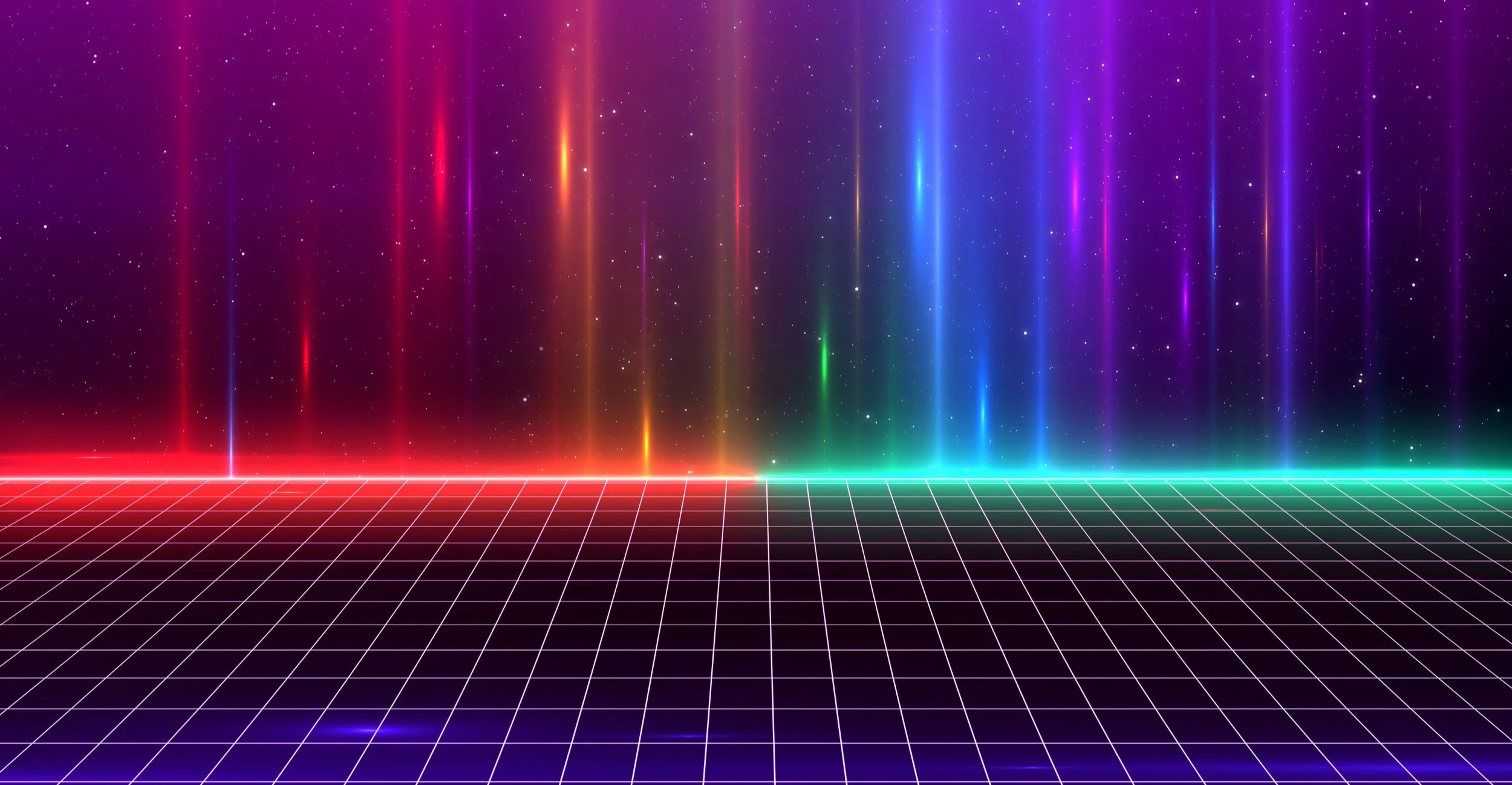 Retro futuristic grid landscape with colorful light beams