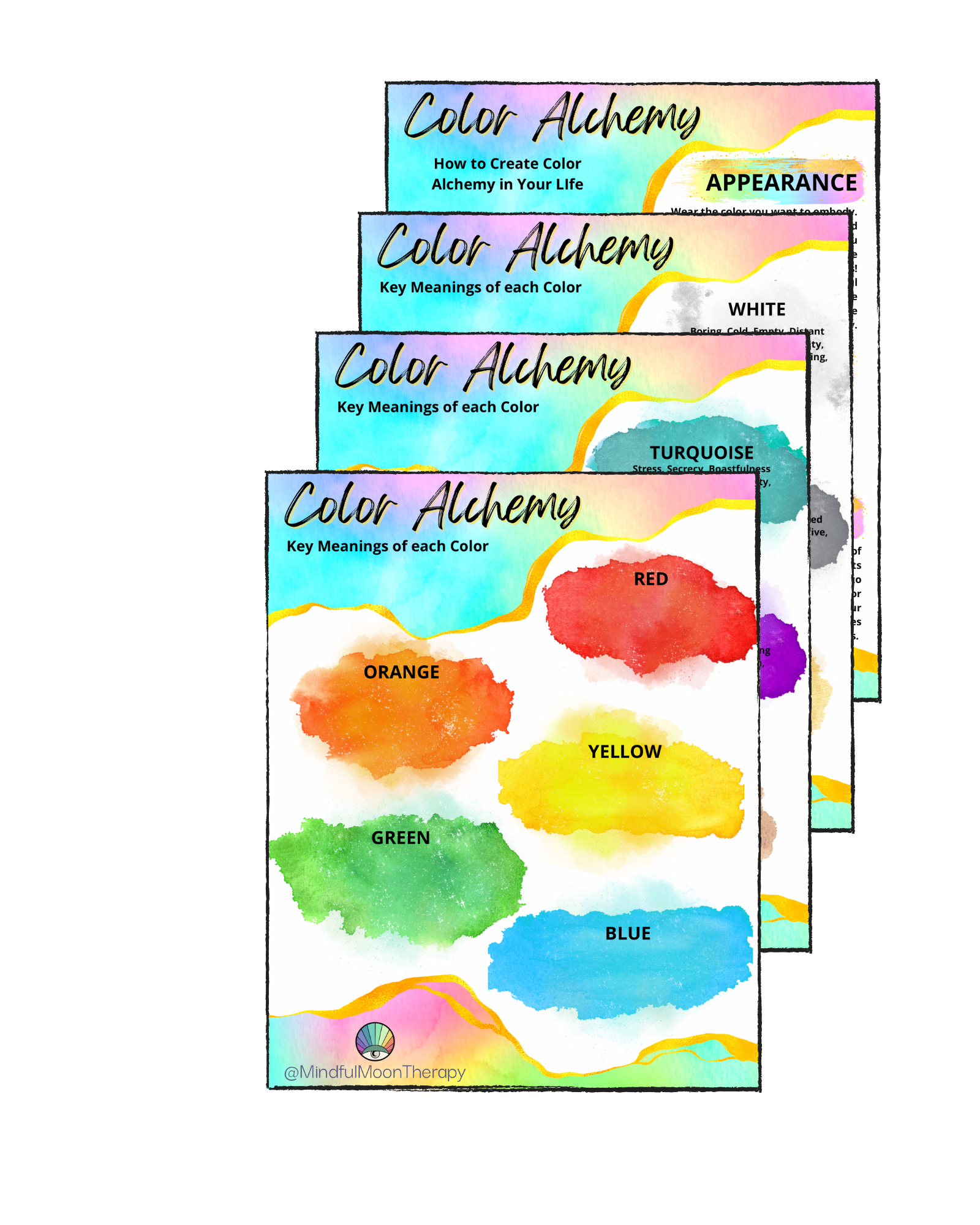 Stack of colorful cards labeled 'Color Alchemy' with different swatches and key meanings for colors like red, orange, yellow, green, blue, turquoise, white, and appearance-related instruction on creating color alchemy.