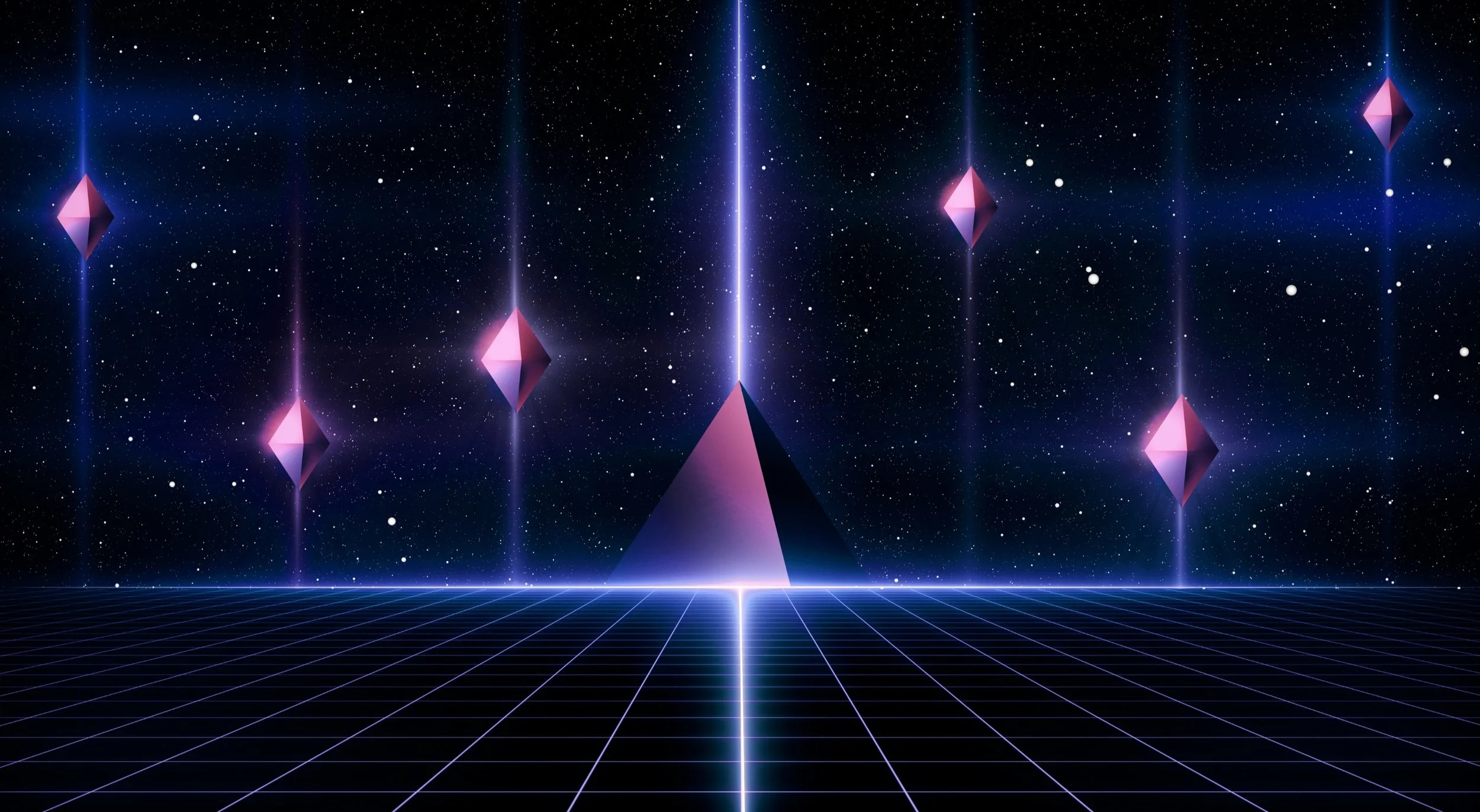 Futuristic digital artwork featuring a glowing pyramid, pink geometric crystals, and a starry sky above a grid pattern.