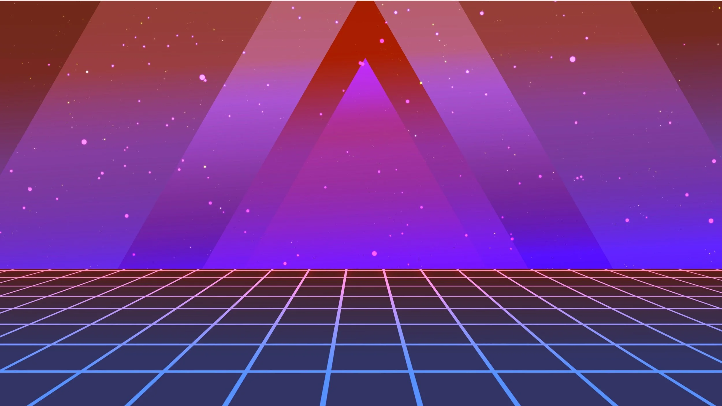 Retro futuristic landscape with a grid line floor, gradient purple and pink sky, and geometric triangle shapes.