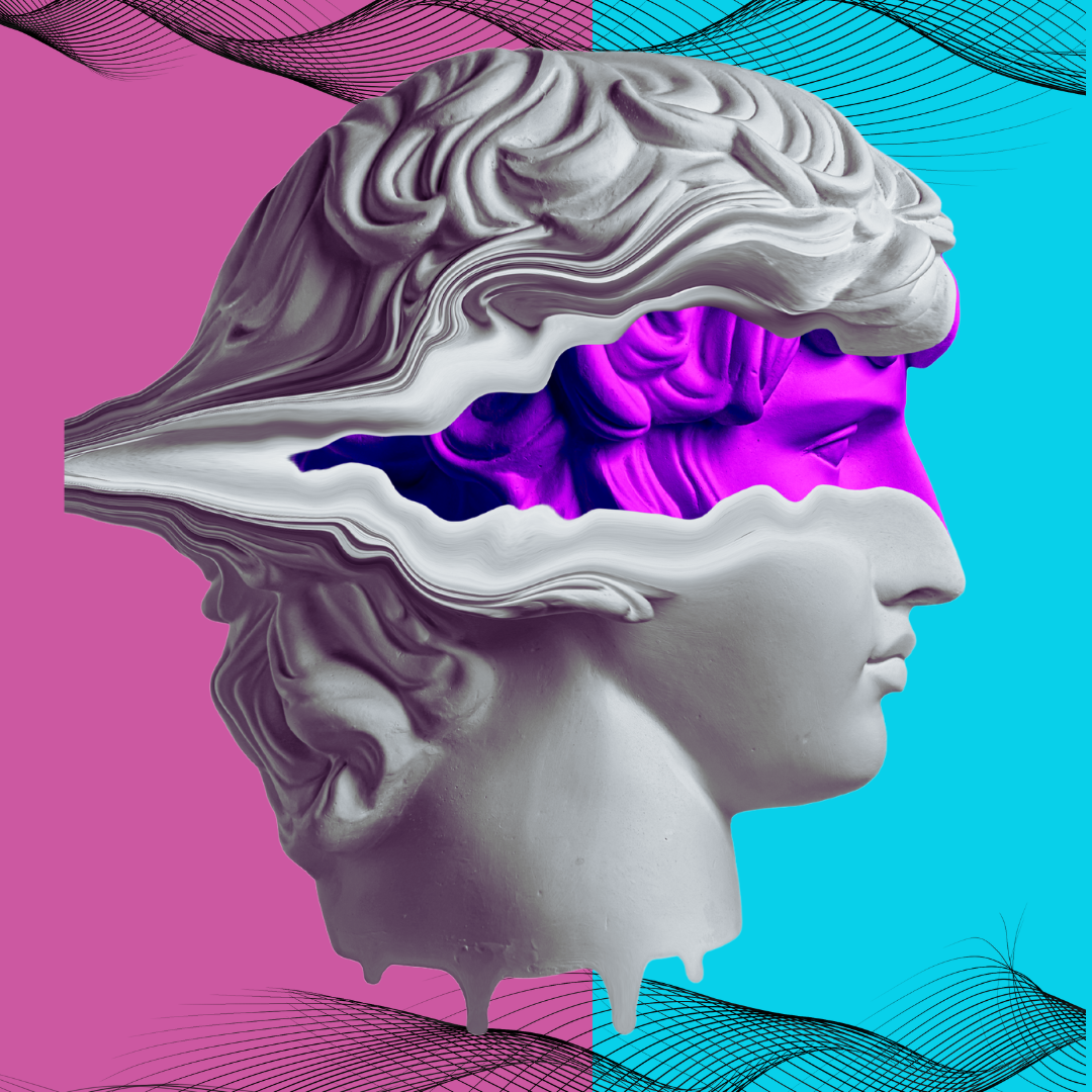 A digital artwork featuring a classical marble bust with a profile view, edited to have a sliced appearance revealing a bright purple interior. The background is split into pink and turquoise sections with abstract lines.