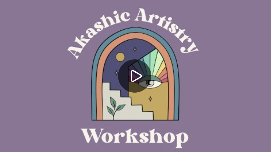 Illustration of a colorful staircase, a rainbow, a moon, and stars inside a rainbow-shaped frame with an eye in the center, with the text 'Akashic Artistry Workshop' above and below, on a purple background.