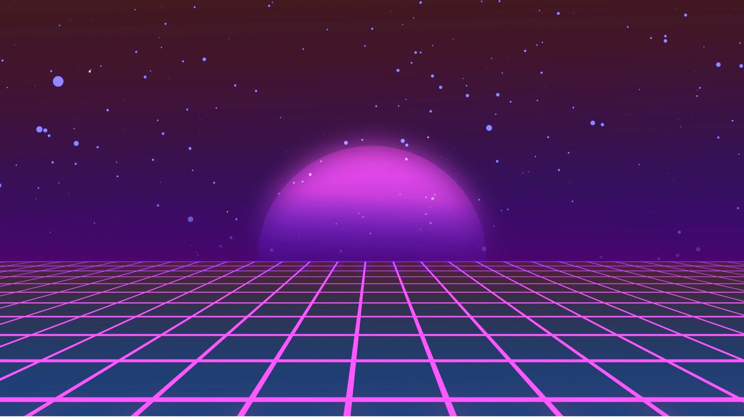 Retro futuristic grid with a glowing purple sunset and starry sky.