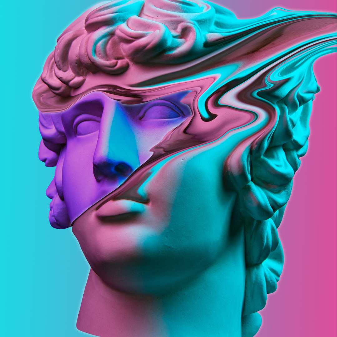 A digital artwork of a classical Roman-style statue head with distorted features and vivid pink and blue colors.