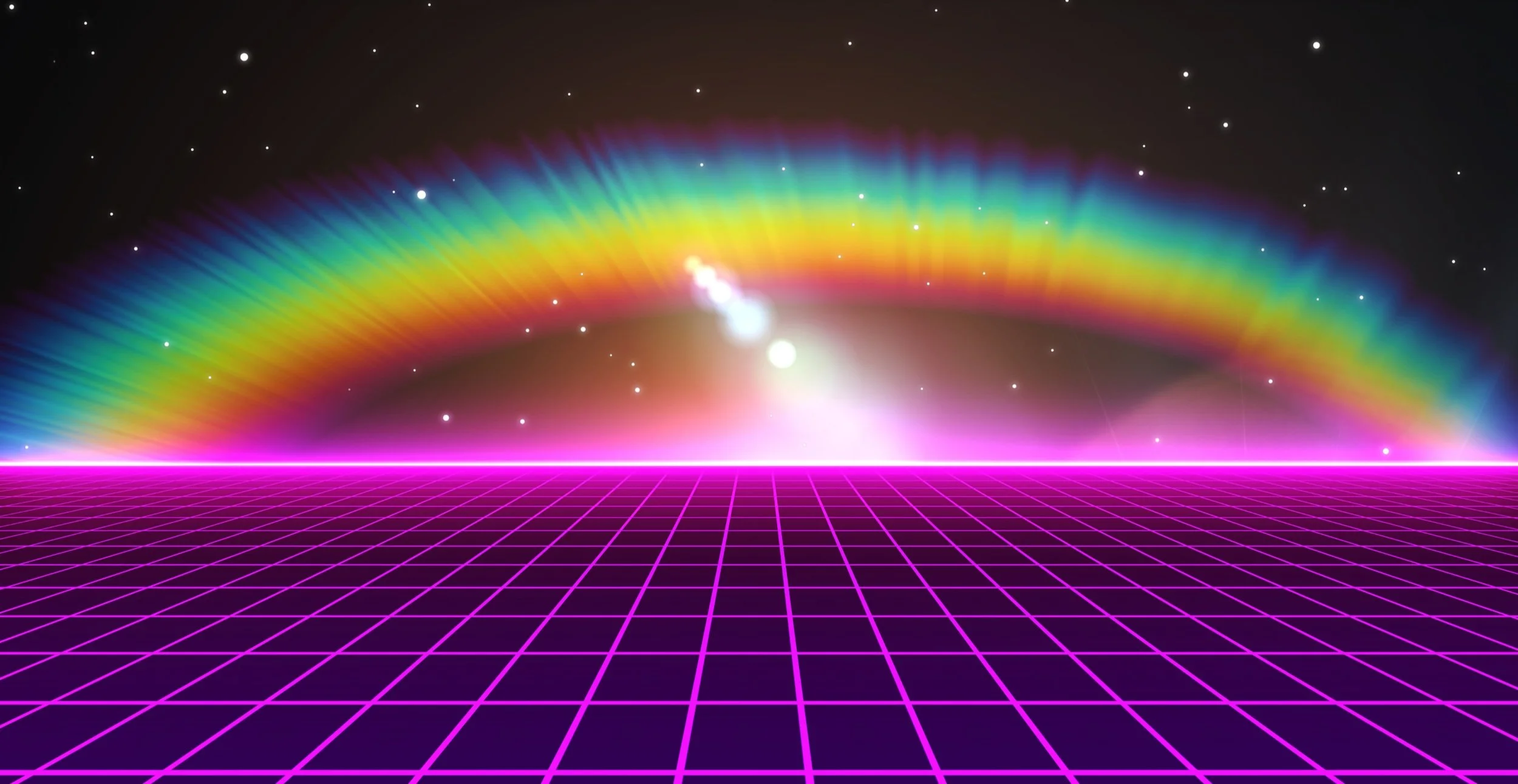 Retro-futuristic landscape with a digital grid, rainbow, and starry sky.